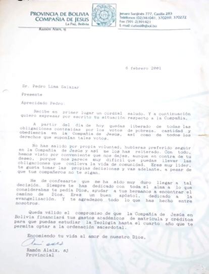Carta en el que el provincial Ramón Alaix expulsa de la orden a Pedro Lima.