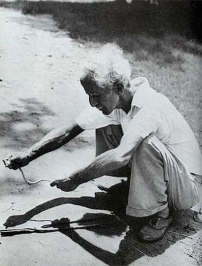 C.J.P. Ionides con una cría de mamba.