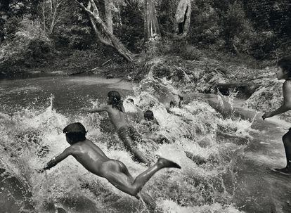 Niños de los awá disfrutando de las aguas del río Caru. Los adultos utilizan materiales de la jungla para la construcción de las viviendas familiares.