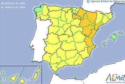 Mapa de AEMET de los avisos meteorológicos. -El color amarillo indica "riesgo" y el naranja "riesgo importante".