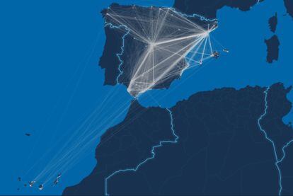 Ejemplo del mapa interactivo del estudio del BBVA sobre los desplazamientos de los turistas en España