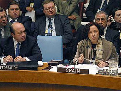 La ministra española de Asuntos Exteriores, Ana Palacio, durante su intervención en el Consejo de Seguridad.