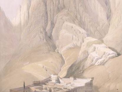 Litograf&iacute;a del monasterio de Santa Catalina, en el Monte Sina&iacute;.