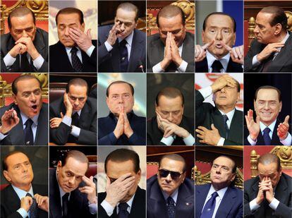 Combinación de 18 imágenes de archivo que muestra al exlíder italiano Silvio Berlusconi gesticulando en Roma. 