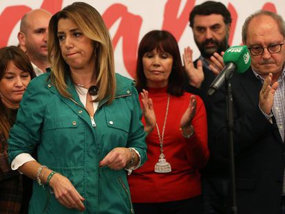 Susana Díaz, tras su comparecencia este domingo en Sevilla. En vídeo, los resultados y las reacciones de los líderes políticos andaluces.