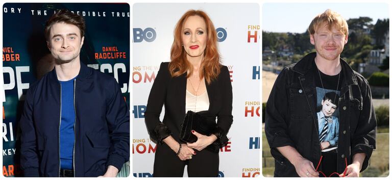 Desde la izquierda: Daniel Radcliffe, J. K. Rowling y Rupert Grint.