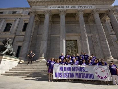 El Movimiento Democrático de Mujeres protesta en el Congreso contra la violencia machista.