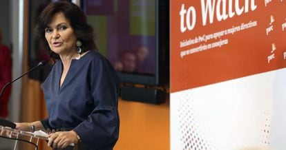 La vicepresidenta del Gobierno, Carmen Calvo, el jueves en la clausura de la segunda edición del programa Women to Watch de PwC.
