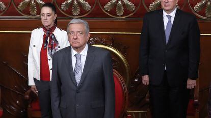 El presidente de México, Andrés Manuel López Obrador, junto a Claudia Sheinbaum y Marcelo Ebrard.
