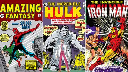 Desde la izquierda, las primeras portadas de Spiderman, Hulk y Iron Man.