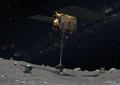 Ilustraci&oacute;n de la sonda Marco Polo-R recolectando una muestra de la superficie de un asteroide cercano a la Tierra (NEA) con la V&iacute;a L&aacute;ctea al fondo. 
