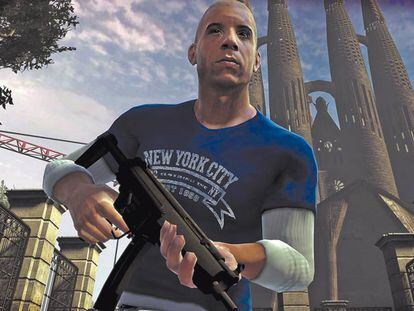 Vin Diesel, protagonista en <i>Wheelman</i>, lucha contra el crimen por las calles de Barcelona. Lugares como la Sagrada Familia son fácilmente reconocibles en el juego.