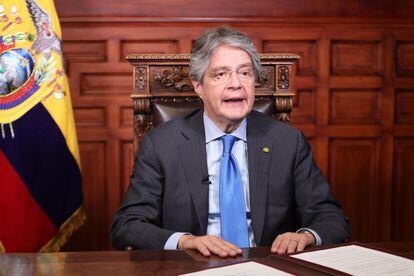 El presidente de Ecuador, Guillermo Lasso, este lunes durante su anuncio.