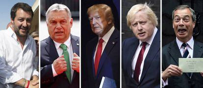 Líders polítics de diferents països: Matteo Salvini (Itàlia), Viktor Orbán (Hongria), Donald Trump (EUA) i els anglesos Boris Johnson i Nigel Farage.