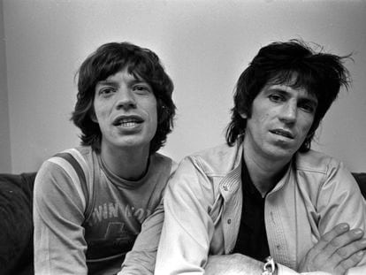 Mick Jagger y Keith Richards en las oficinas de los Rolling Stones en Nueva York el 20 de septiembre 1977.