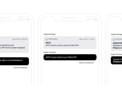 Reproducción incluida en el informe de Citizen Lab de los SMS con supuestas alertas de la Agencia Tributaria y la Seguridad Social recibidas por una de las víctimas.