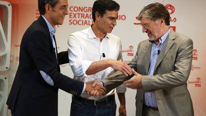 Debate en 2014 de los aspirantes a liderar el PSOE: Eduardo Madina, Pedro Sánchez y José Antonio Pérez Tapias.