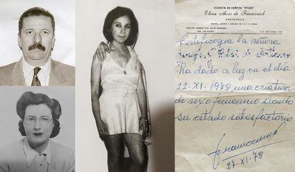 El doctor Jorge Bergés, la partera Juana Elena Franicevich (a la izquierda), Leonor Larrazano (en el medio) en 1969 y un certificado de parto emitido por la clínica.