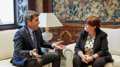El presidente de la Generalitat Valenciana, Carlos Mazón, en la reunión con la presidenta de la Acadèmia Valenciana de la Llengua, Verònica Cantó, este lunes.