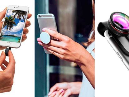 De izquierda a derecha, una memoria flash USB para iPhone, un soporte telescópico para móviles y, a la derecha, el 'kit' de lentes Clip On Fisheye.