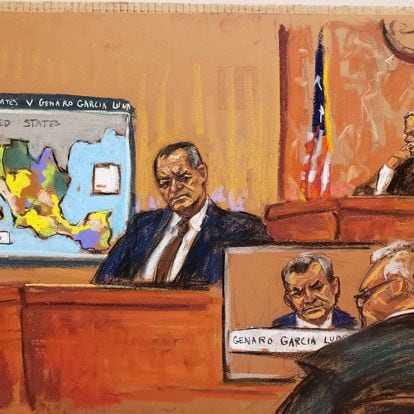 "El grande" testifies during the trial of Mexico's former Public Security Minister Genaro Garcia Luna on charges that he accepted millions of dollars to protect the powerful Sinaloa Cartel, once run by imprisoned drug lord Joaquin "El Chapo" Guzman, at a courthouse in New York City, U.S., January 23, 2023 in this courtroom sketch. REUTERS/Jane Rosenberg