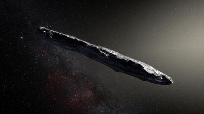 Recreación del objeto interestelar Oumuamua a su paso por el sistema solar.