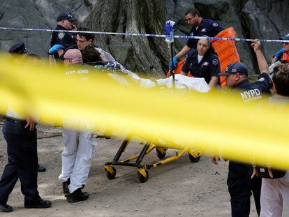 Los servicios médicos trasladan al joven herido tras la explosión en Central Park.