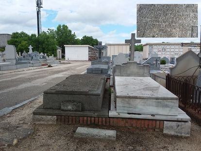 La tumba de José Luis Arteta en el cementerio de La Almudena, en Madrid, fotografiada en 2018. Arriba a la izquierda, detalle de la lápida. Autor: Luis Alfaro