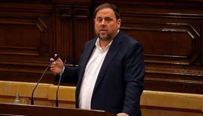 Oriol Junqueras, durante su intervenci&oacute;n en la sesi&oacute;n de debate.