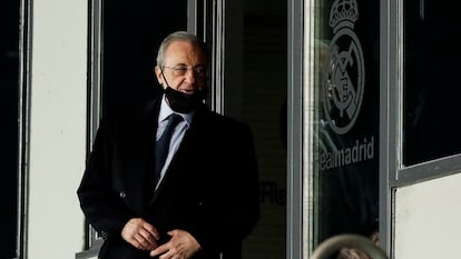 Florentino Pérez, antes del partido Real Madrid-Atalanta de Champions en el Di Stéfano, el pasado 16 de marzo.