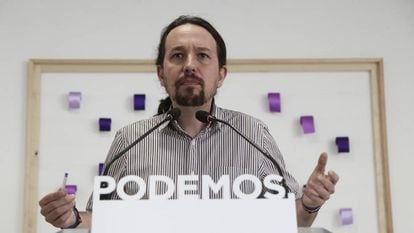 El secretario general de Podemos, Pablo Iglesias, en rueda de prensa. 