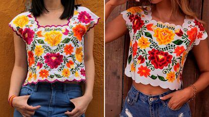 A la izquierda, el huipil con motivos mayas confeccionado en 2017. A la derecha, la blusa de la marca Shein.