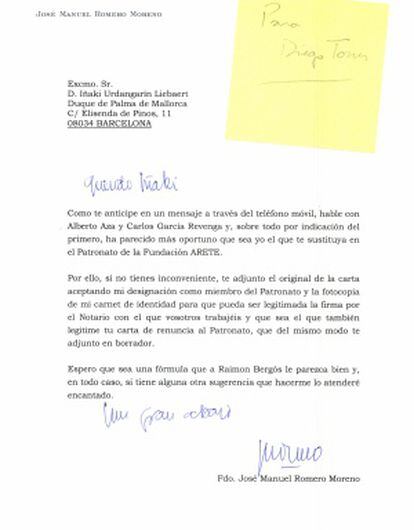 Carta enviada a Urdangarín instándole a su renuncia.