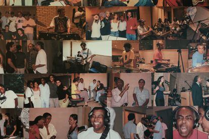 Un collage de fotos antiguas forma parte de la decoración del estudio de Gilberto Gil.