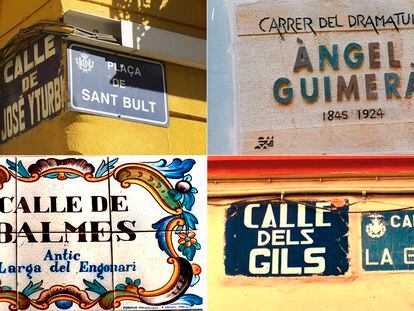Cuatro placas de diferentes calles de Valencia.
