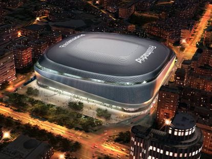Recreaci&oacute;n del futuro estadio Santiago Bernab&eacute;u, en el Paseo de la Castellana de Madrid, con el proyecto de cubierta.