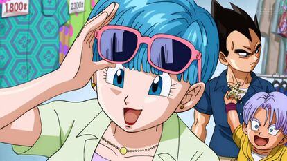 Bulma, personaje de 'Dragon Ball', junto a Vegeta y Trunks.
