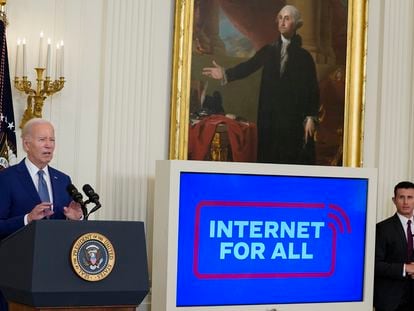 President Joe Biden speaks during an event about high speed internet infrastructure, in the East Room of the White House