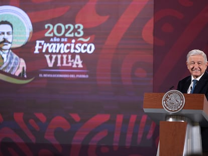 El presidente de Andrés Manuel López Obrador, durante una rueda de prensa hoy, en Palacio Nacional de la Ciudad de México.