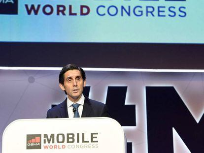 José María Álvarez-Pallete, en la conferència inaugural del Mobile World Congress de Barcelona.