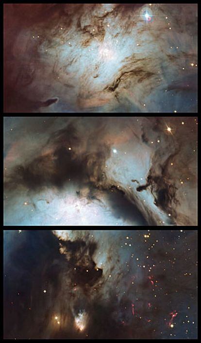 Tres regiones de la nebulosa Messier 78 fotografiadas con un telescopio de 2,2 metros de diámetro en el observatorio europeo de La Silla (Chile).