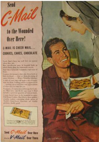 Anuncio de Nestlé Toll House promocionando los envíos de galletas a los soldados en el frente, 1944