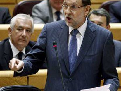 El presidente del Gobierno, Mariano Rajoy, durante su intervención en el pleno del Senado celebrado esta tarde en la Cámara Alta.