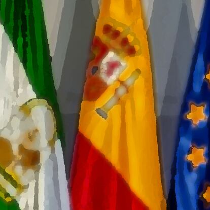 Flags of Andalusia, Spain and the European Union.