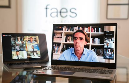 José María Aznar, expresidente del Gobierno y presidente de la Fundación FAES, inaugura las jornadas telemáticas "Centrados en Europa" organizadas por FAES, hoy en Madrid.