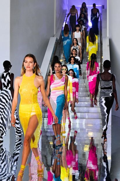 Several models walk in the presentation of Missoni's spring women's collection on the catwalk in Milan.