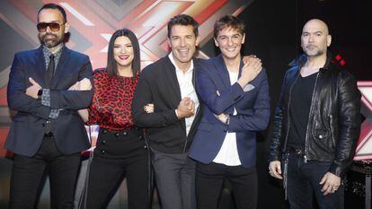 Risto Mejide, Laura Pausini, Jesús Vázquez, Xavi Martinez y Fernando Montesinos en la presentación de 'Factor X'.