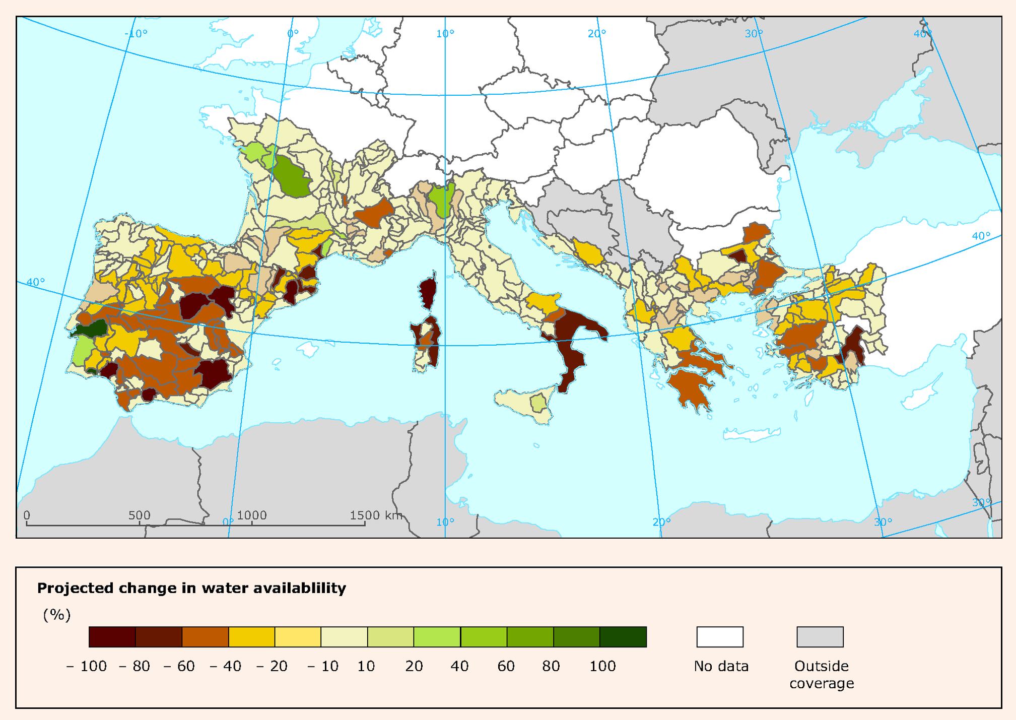 Cambio previsto en la disponibilidad de agua para riego en la región mediterránea. Esta figura muestra el cambio relativo en la disponibilidad de agua para regadío para 2071-2100 con respecto a 1961-1990. Las zonas de color amarillo claro indican que no habrá cambios en la disponibilidad de agua.