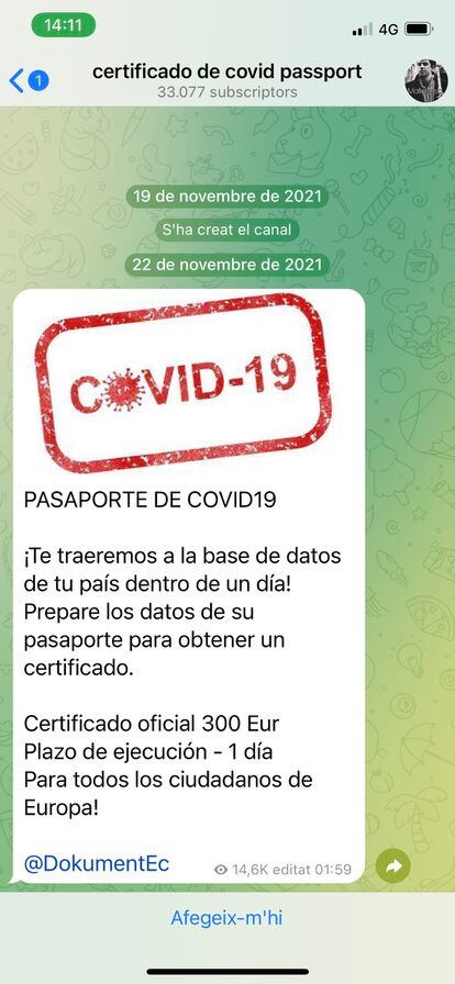 Este canal de Telegram en el que se ofrecen pasaportes Covid falsificados y que cuenta con más de 33.000 suscriptores estaba activo a 20 de enero de 2022.