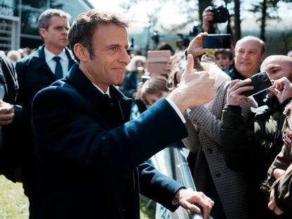 French President and centrist presidential candidate for reelection Emmanuel Macron thumbs up after voting for the first round of the presidential election, Sunday, April 10, 2022 in Le Touquet, northern France. Polls opened across France for the first round of the country's presidential election, where up to 48 million eligible voters will be choosing between 12 candidates. President Emmanuel Macron is seeking a second five-year term, with a strong challenge from the far right. (AP Photo/Thibault Camus, Pool)